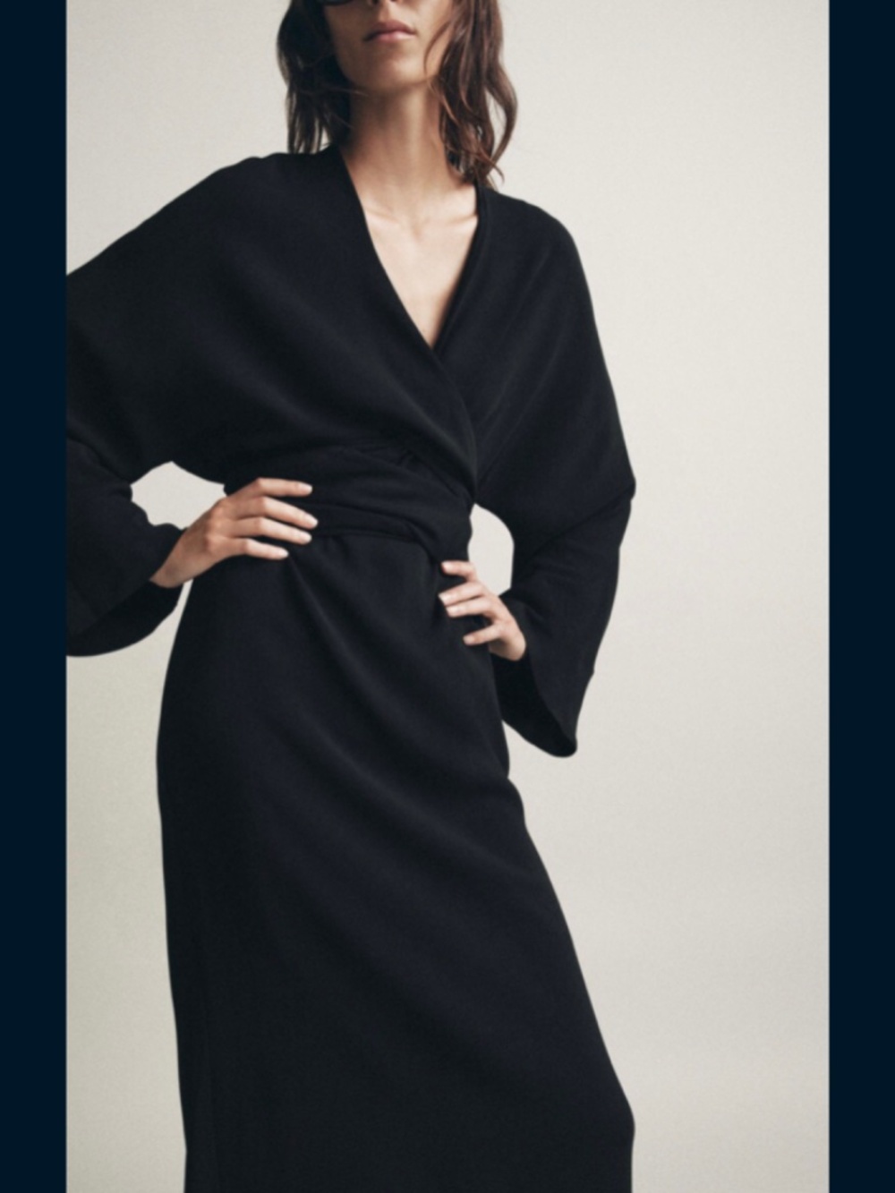 Zara Ribbon Midi Dress Deep V-Neck A-Line Long Sleeve - Picture 2 of 14